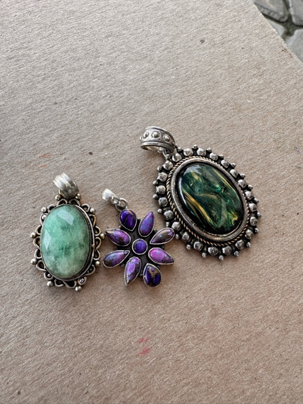 Lot of 3 Silver Gemstone Pendants Boho Artisan Statement Jewelry Mixed Stones